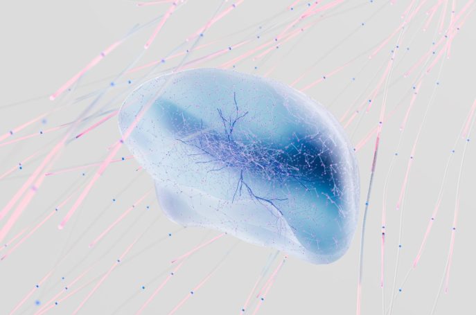 Abstract representation of a neural network or brain-like structure with colorful lines