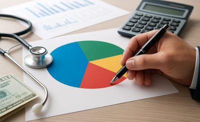A hand holding a pen, drawing on a colorful pie chart with a stethoscope and calculator nearby, and a few dollar bills v