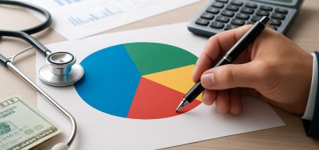 A hand holding a pen, drawing on a colorful pie chart with a stethoscope and calculator nearby, and a few dollar bills v
