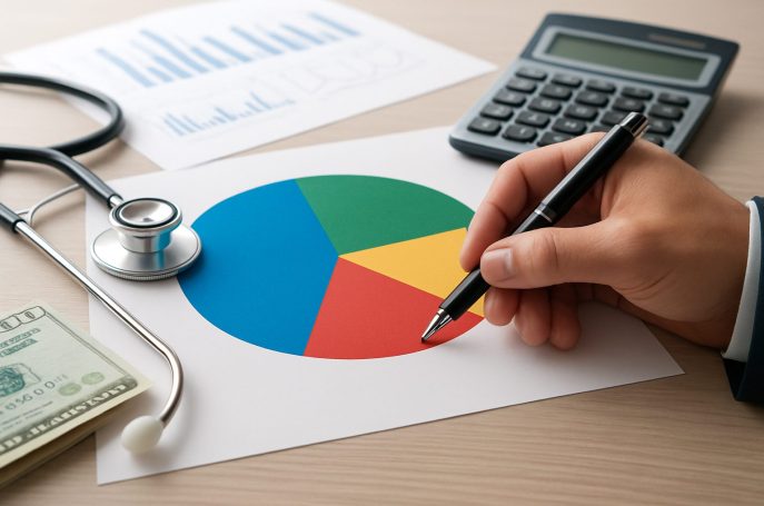 A hand holding a pen, drawing on a colorful pie chart with a stethoscope and calculator nearby, and a few dollar bills v