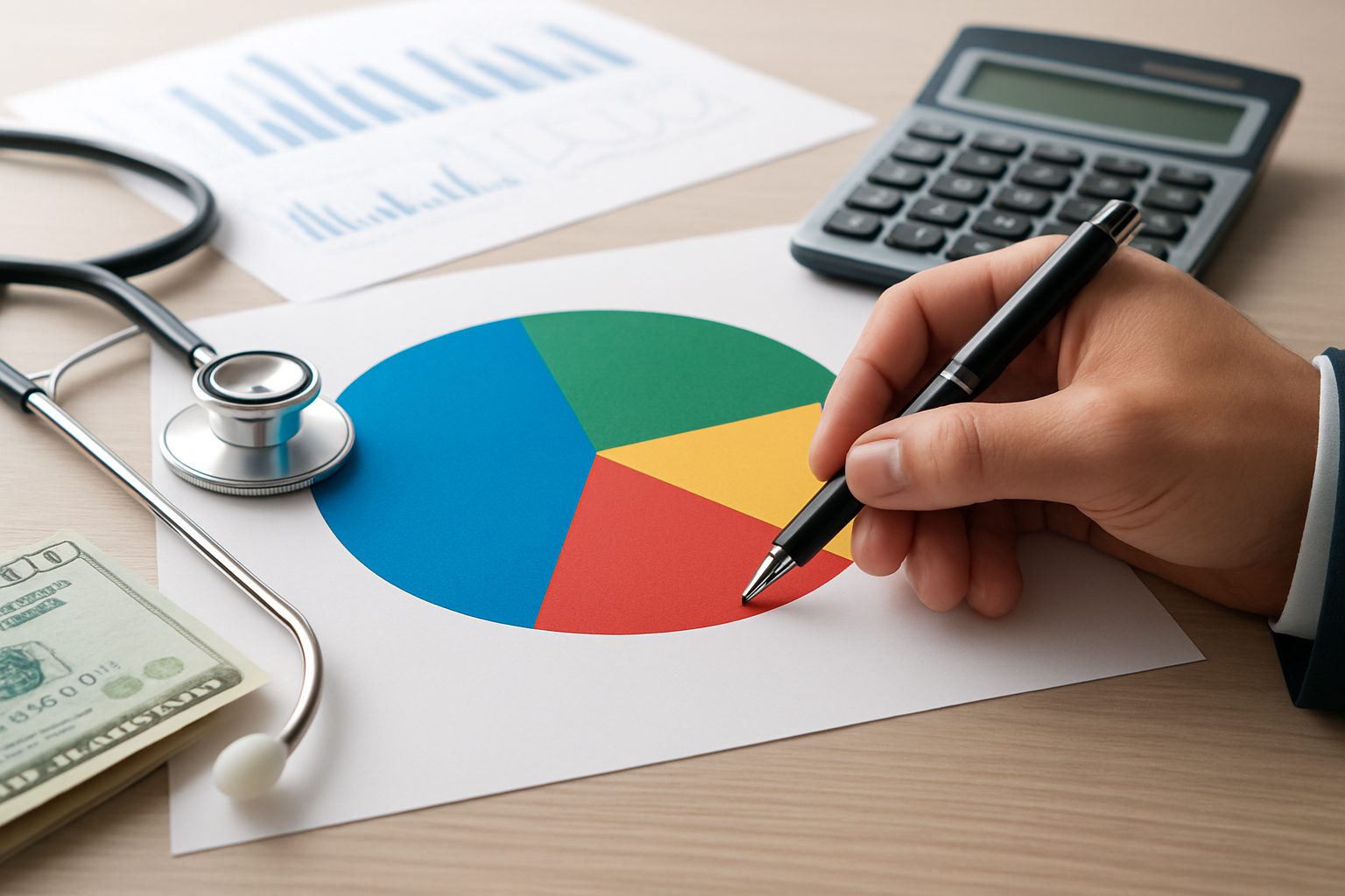 A hand holding a pen, drawing on a colorful pie chart with a stethoscope and calculator nearby, and a few dollar bills v