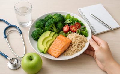 A healthy meal with salmon, brown rice, avocado, and vegetables on a plate, accompanied by an apple and a stethoscope