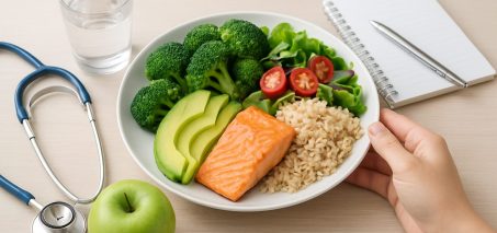 A healthy meal with salmon, brown rice, avocado, and vegetables on a plate, accompanied by an apple and a stethoscope