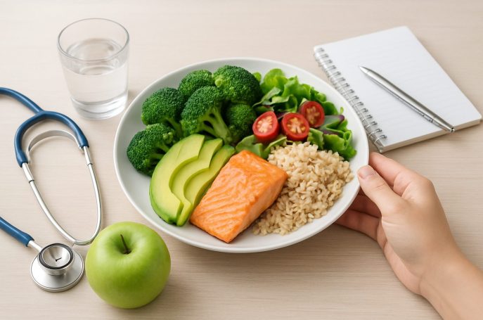 A healthy meal with salmon, brown rice, avocado, and vegetables on a plate, accompanied by an apple and a stethoscope