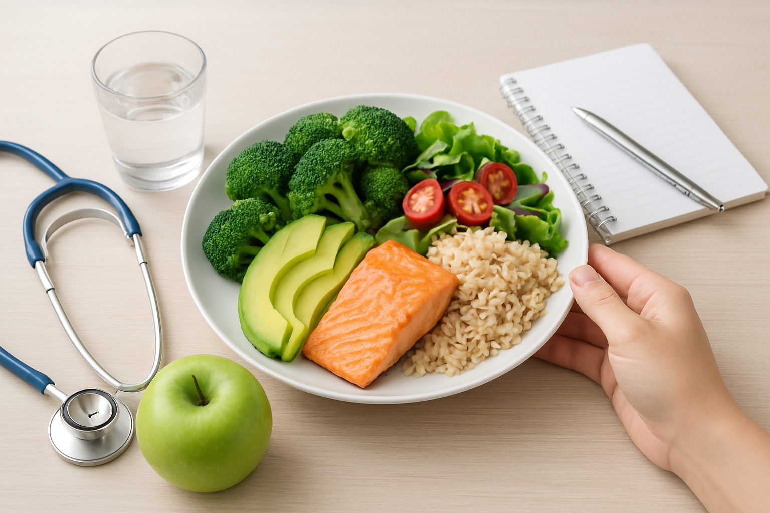 A healthy meal with salmon, brown rice, avocado, and vegetables on a plate, accompanied by an apple and a stethoscope