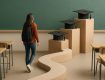 A student walking towards graduation caps placed on podiums in a classroom environment