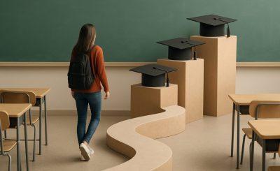 A student walking towards graduation caps placed on podiums in a classroom environment