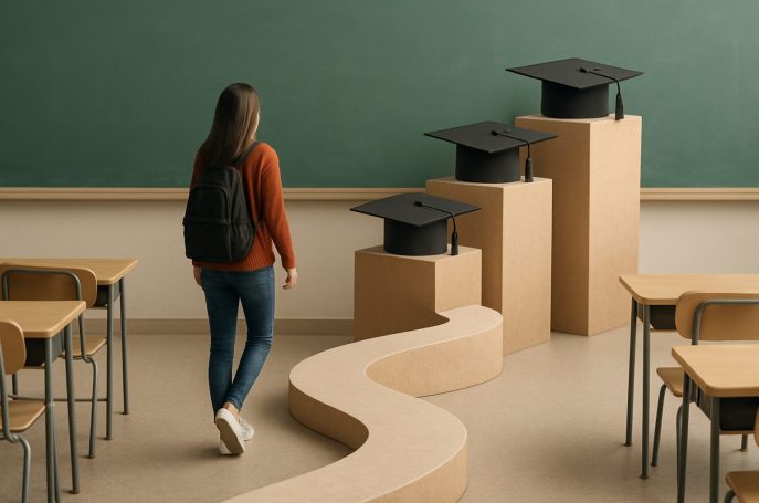 A student walking towards graduation caps placed on podiums in a classroom environment