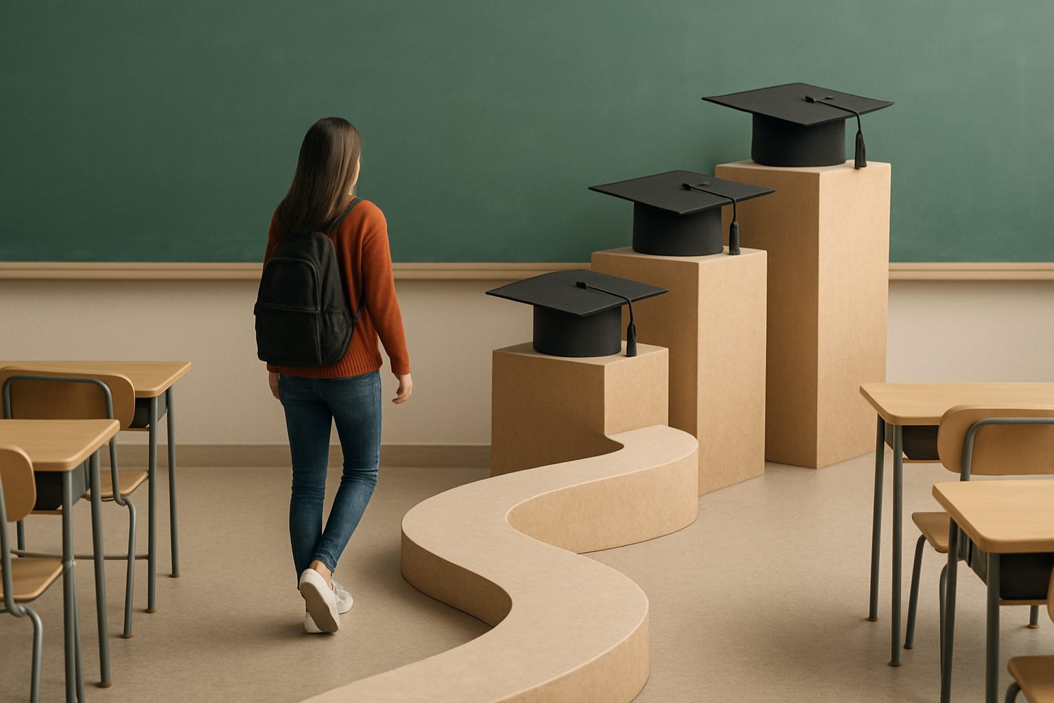 A student walking towards graduation caps placed on podiums in a classroom environment