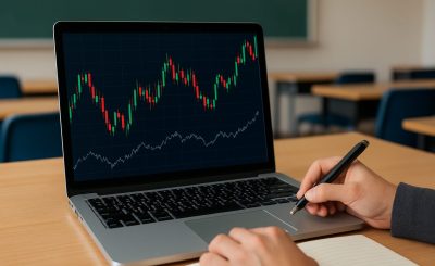 Close-up of a hand writing notes while looking at Forex trading charts on a laptop in a classroom setting