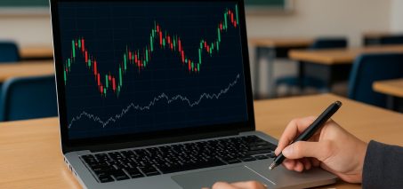 Close-up of a hand writing notes while looking at Forex trading charts on a laptop in a classroom setting