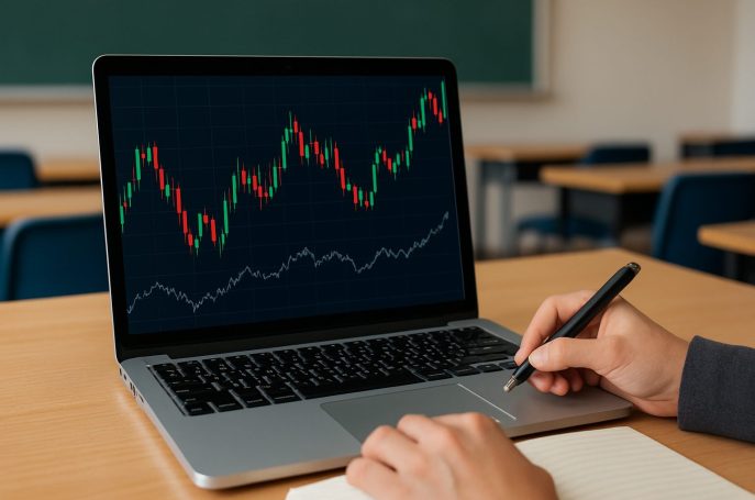 Close-up of a hand writing notes while looking at Forex trading charts on a laptop in a classroom setting