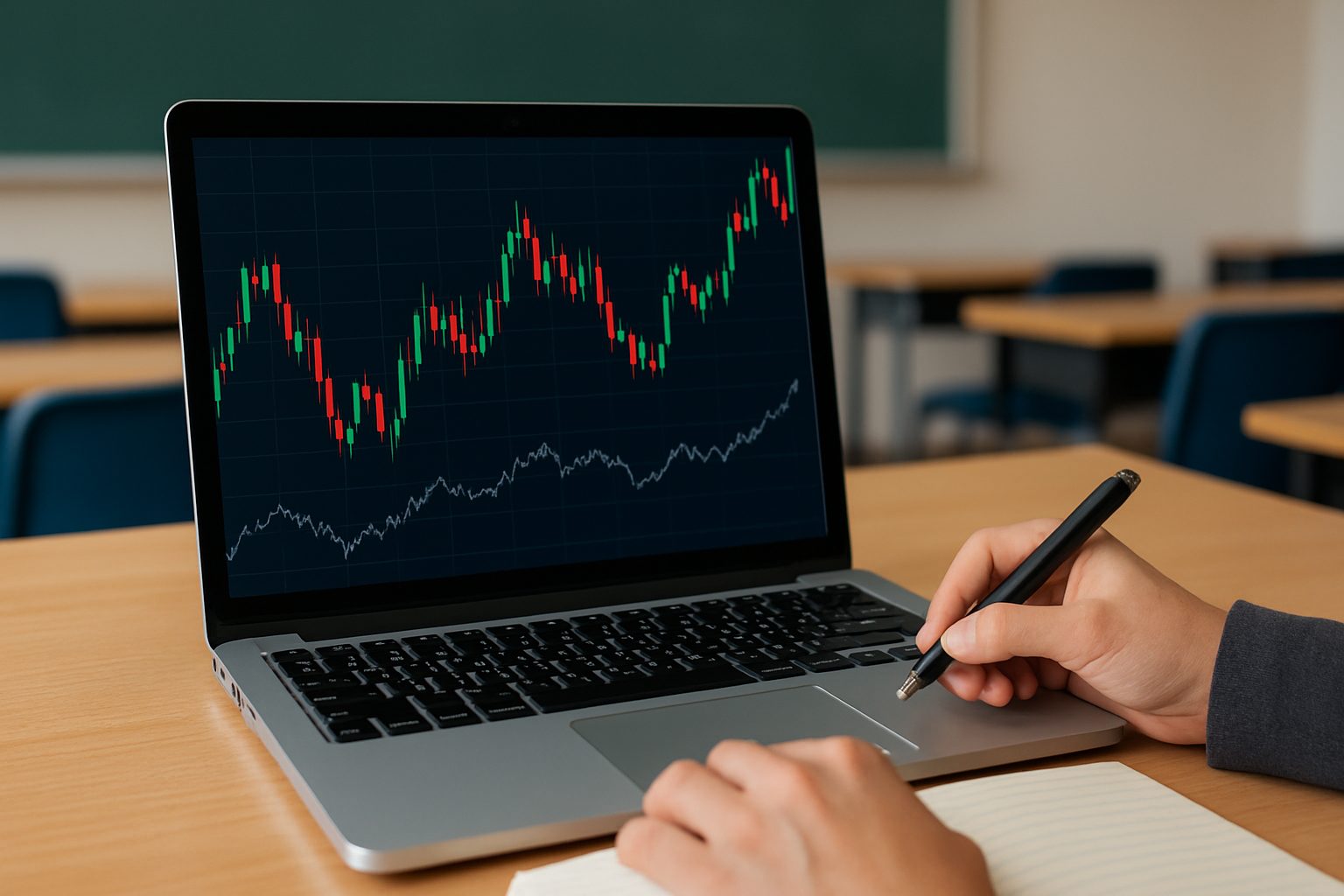 Close-up of a hand writing notes while looking at Forex trading charts on a laptop in a classroom setting